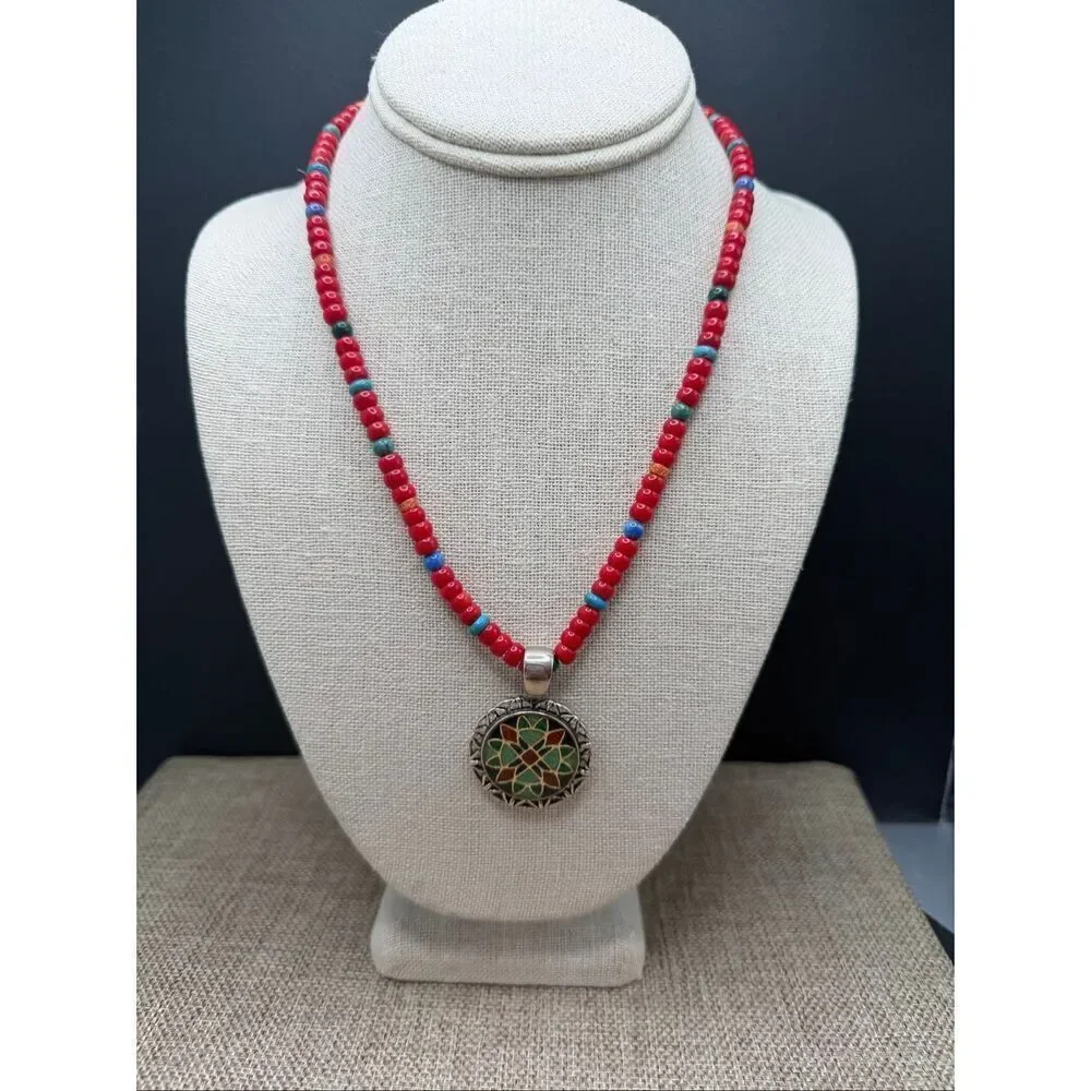 Sterling Silver Mosaic Pendant Necklace on Red Beaded Strand – Boho Artisan Styl